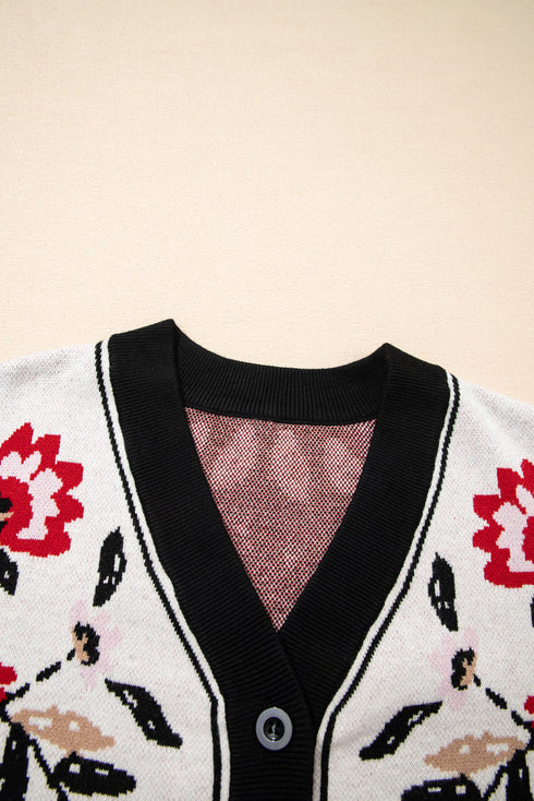 Floral Knit V Neck Button Down Cardigan