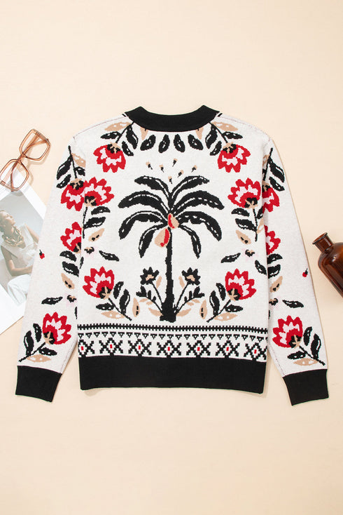 Floral Knit V Neck Button Down Cardigan