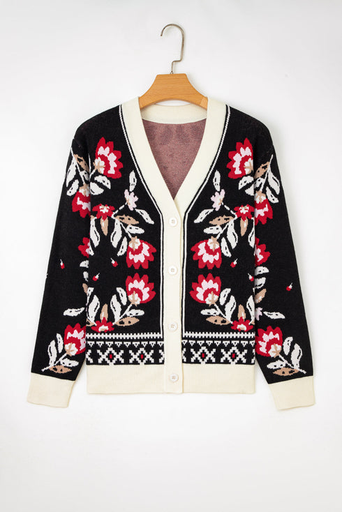 Floral Knit V Neck Button Down Cardigan
