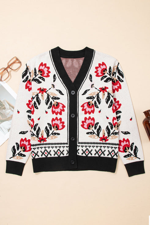 Floral Knit V Neck Button Down Cardigan