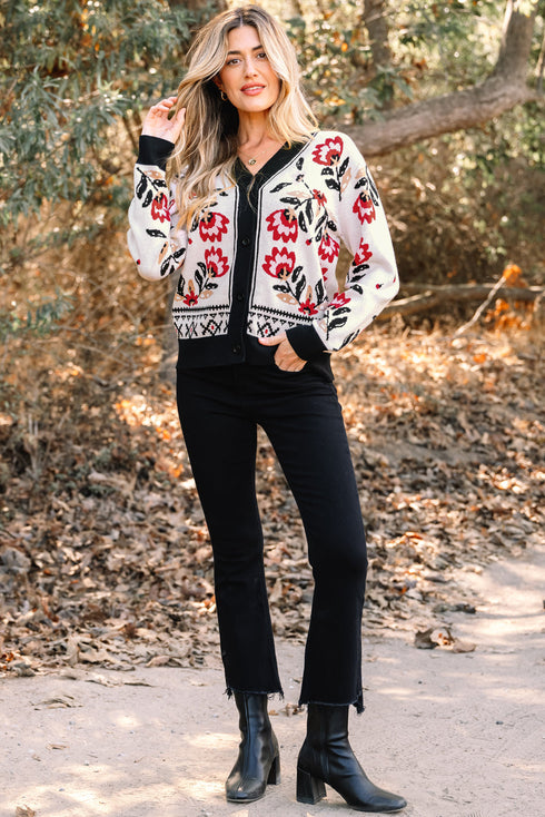 Floral Knit V Neck Button Down Cardigan