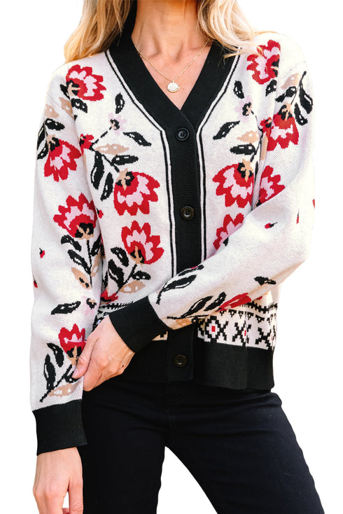 Floral Knit V Neck Button Down Cardigan