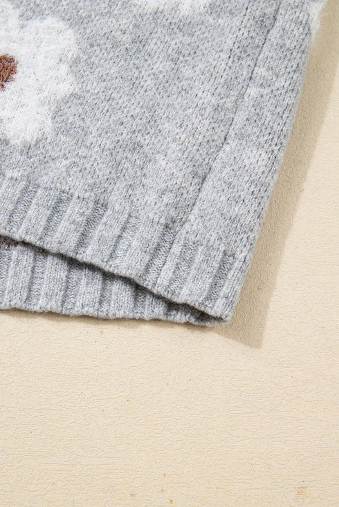 Floral Knit V Neck Drop Shoulder Baggy Sweater