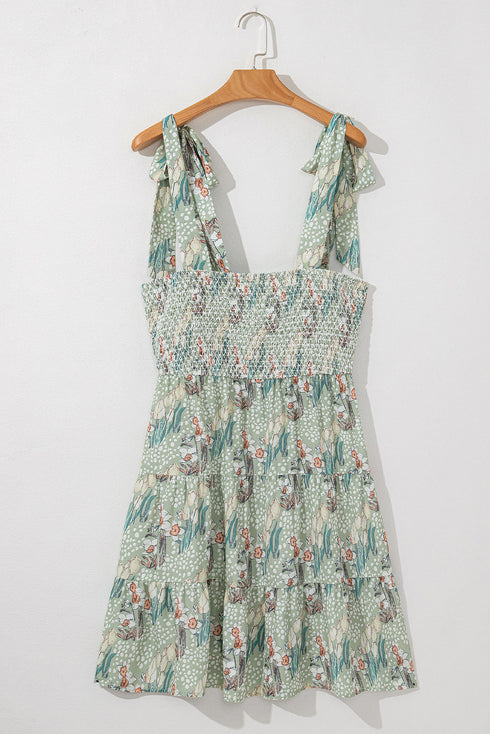 Floral Knotted Strap Smocked Tiered Ruffle Mini Dress