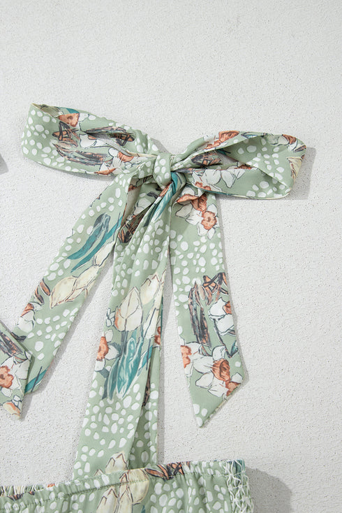 Floral Knotted Strap Smocked Tiered Ruffle Mini Dress