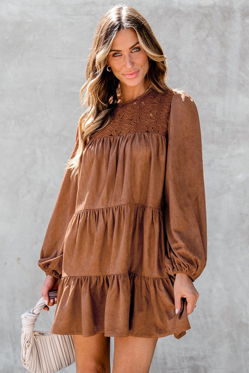 Floral Lace Crochet Tie Ruffled Mini Dress