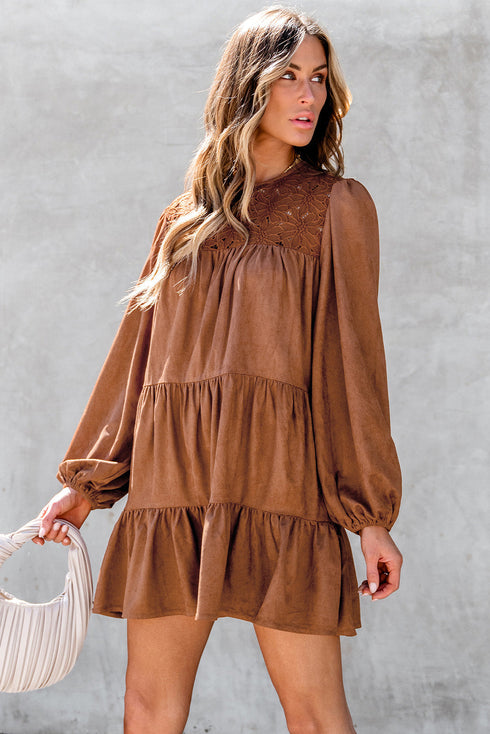 Floral Lace Crochet Tie Ruffled Mini Dress