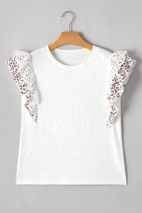 Floral Lace Eyelet Patched Butterfly Sleeve Cotton Blouse