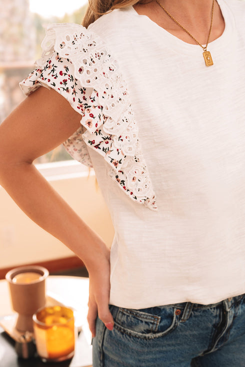 Floral Lace Eyelet Patched Butterfly Sleeve Cotton Blouse