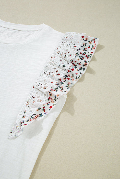 Floral Lace Eyelet Patched Butterfly Sleeve Cotton Blouse