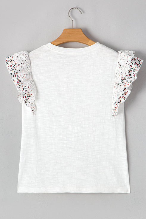 Floral Lace Eyelet Patched Butterfly Sleeve Cotton Blouse
