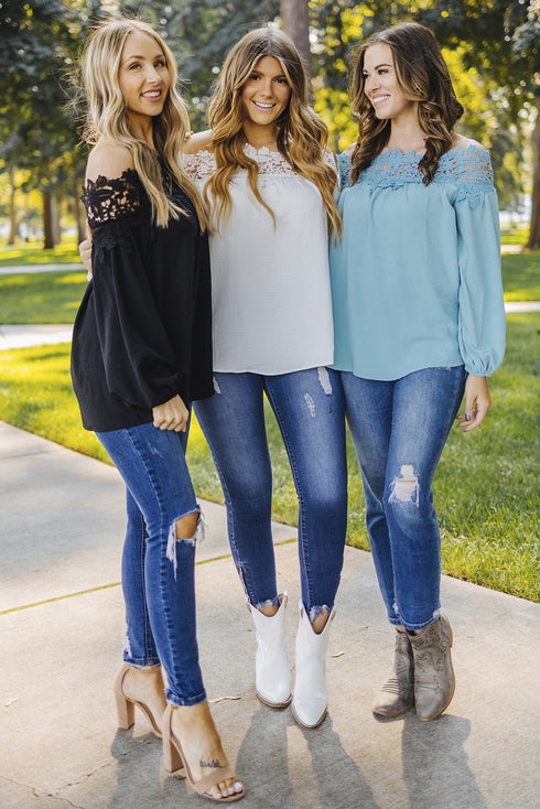 Floral Lace Off The Shoulder Scalloped Long Sleeve Blouse