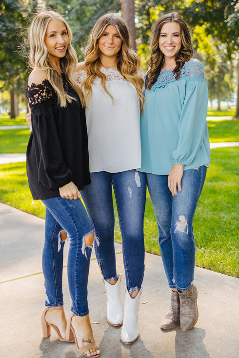 Floral Lace Off The Shoulder Scalloped Long Sleeve Blouse