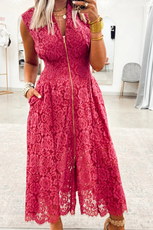 Floral Lace Overlay Smocked Waist V Neck Maxi Dress