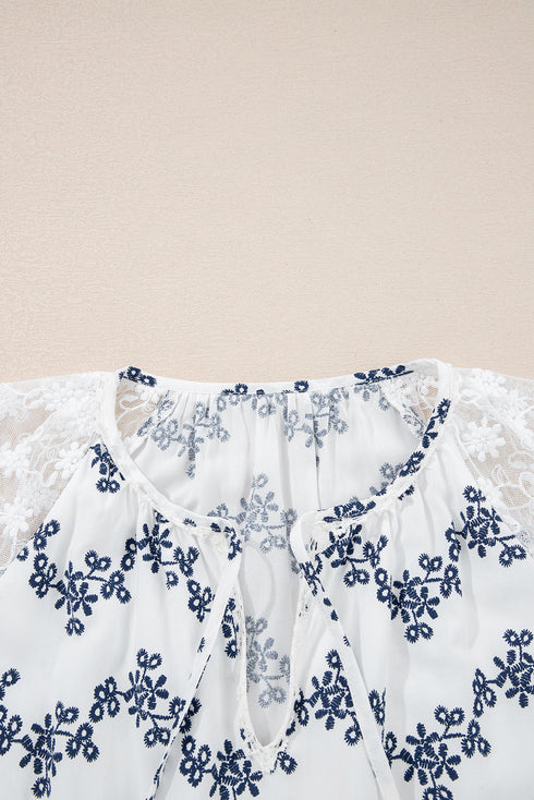 Floral Lace Patchwork Bubble Sleeve Split Neck Blouse