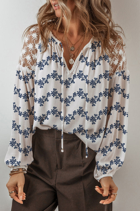Floral Lace Patchwork Bubble Sleeve Split Neck Blouse
