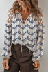 Floral Lace Patchwork Bubble Sleeve Split Neck Blouse