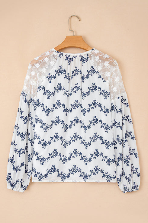 Floral Lace Patchwork Bubble Sleeve Split Neck Blouse
