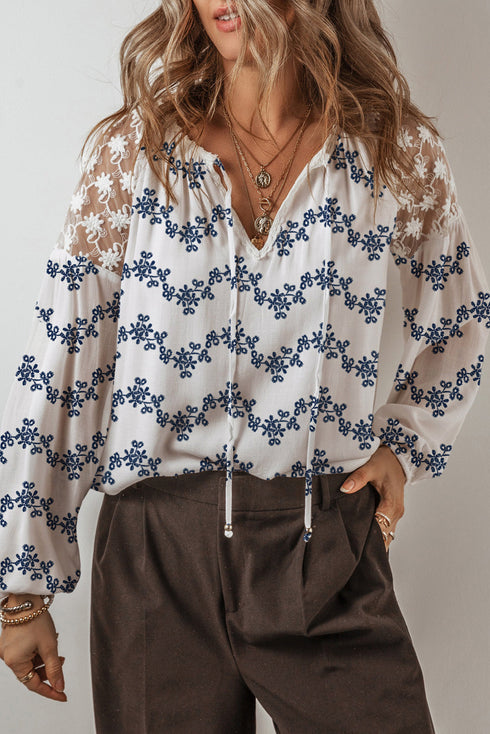 Floral Lace Patchwork Bubble Sleeve Split Neck Blouse