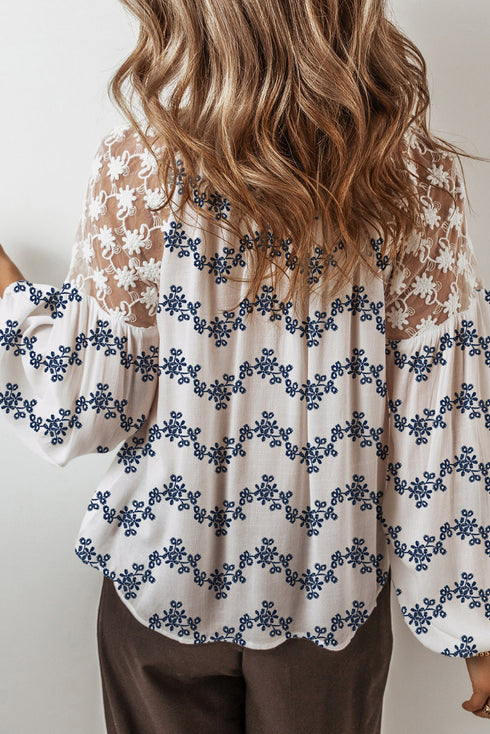 Floral Lace Patchwork Bubble Sleeve Split Neck Blouse