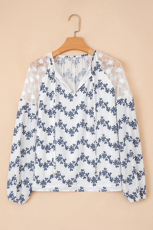 Floral Lace Patchwork Bubble Sleeve Split Neck Blouse