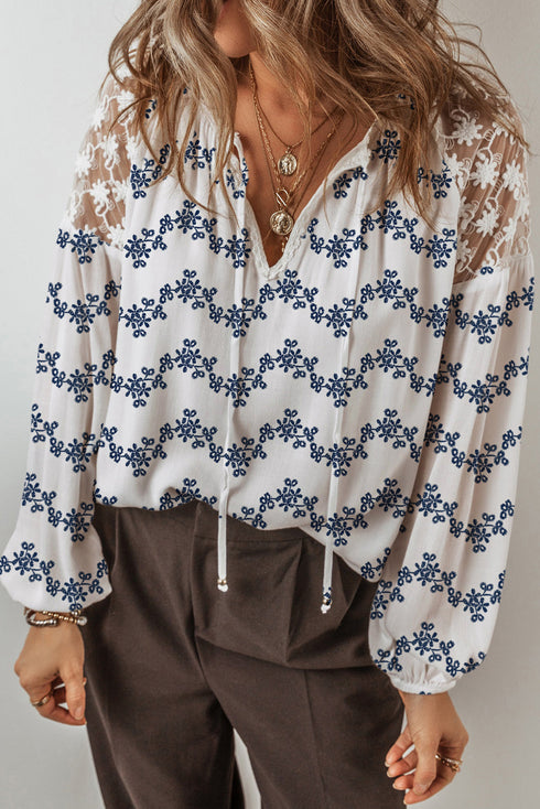Floral Lace Patchwork Bubble Sleeve Split Neck Blouse
