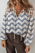 Floral Lace Patchwork Bubble Sleeve Split Neck Blouse