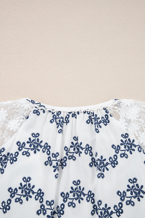 Floral Lace Patchwork Bubble Sleeve Split Neck Blouse