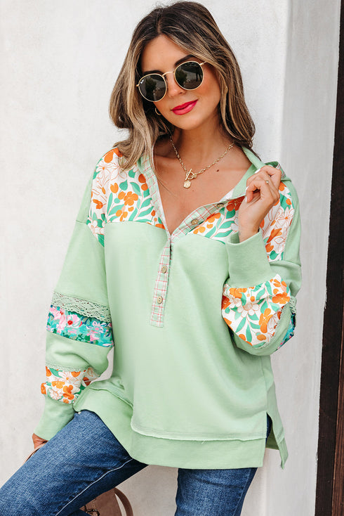 Floral Lace Patchwork Half Button Hooded Pullover