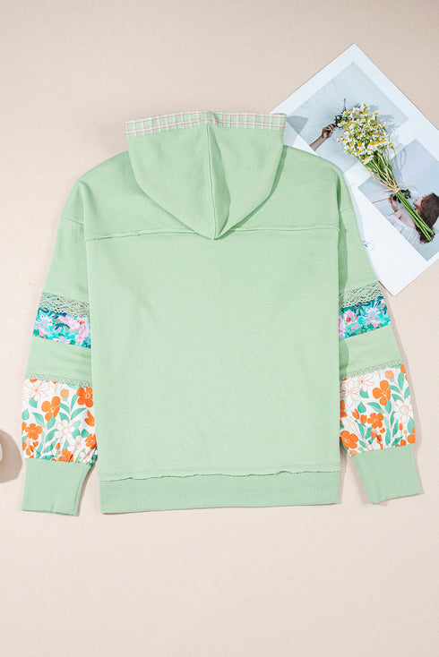 Floral Lace Patchwork Half Button Hooded Pullover