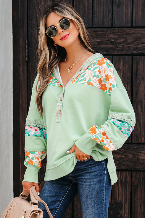 Floral Lace Patchwork Half Button Hooded Pullover