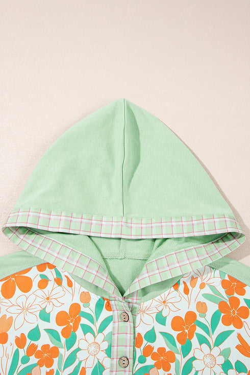 Floral Lace Patchwork Half Button Hooded Pullover