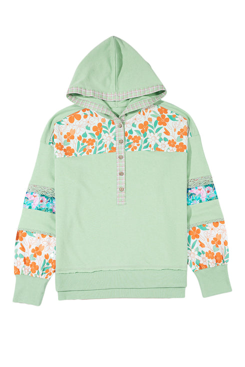 Floral Lace Patchwork Half Button Hooded Pullover