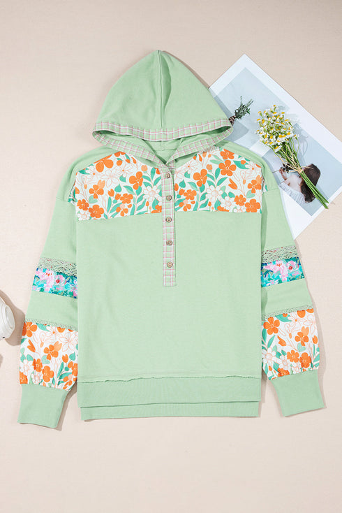 Floral Lace Patchwork Half Button Hooded Pullover