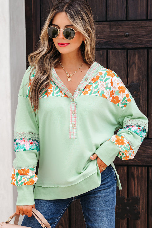 Floral Lace Patchwork Half Button Hooded Pullover