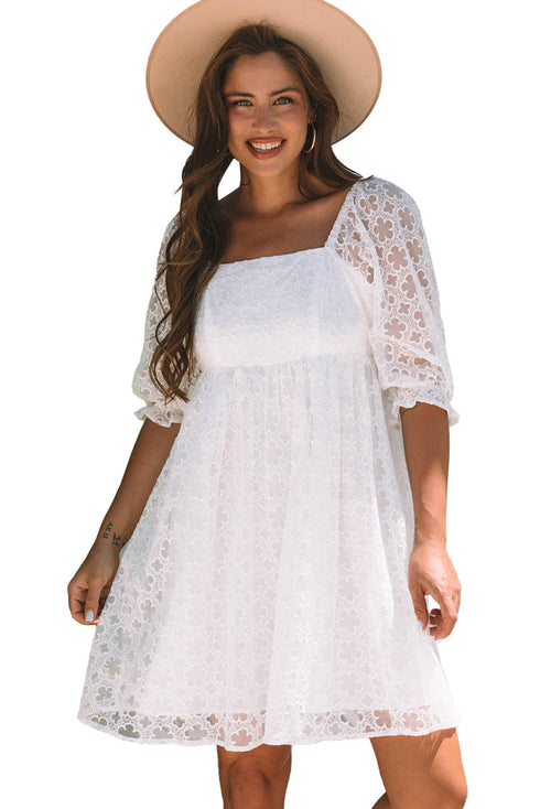 Floral Lace Puff Sleeve Empire Waist Mini Dress