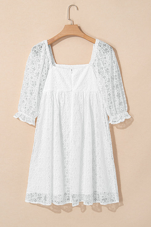 Floral Lace Puff Sleeve Empire Waist Mini Dress