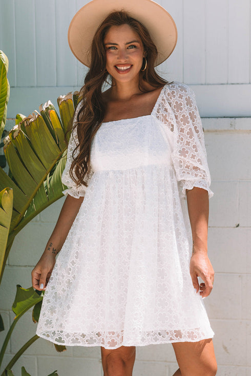 Floral Lace Puff Sleeve Empire Waist Mini Dress