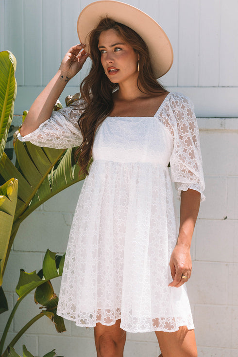 Floral Lace Puff Sleeve Empire Waist Mini Dress