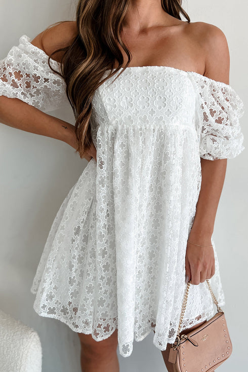 Floral Lace Puff Sleeve Empire Waist Mini Dress