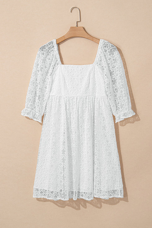 Floral Lace Puff Sleeve Empire Waist Mini Dress