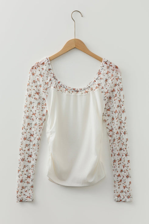 Floral Lace Sleeve Square Neck Mixed Media Top