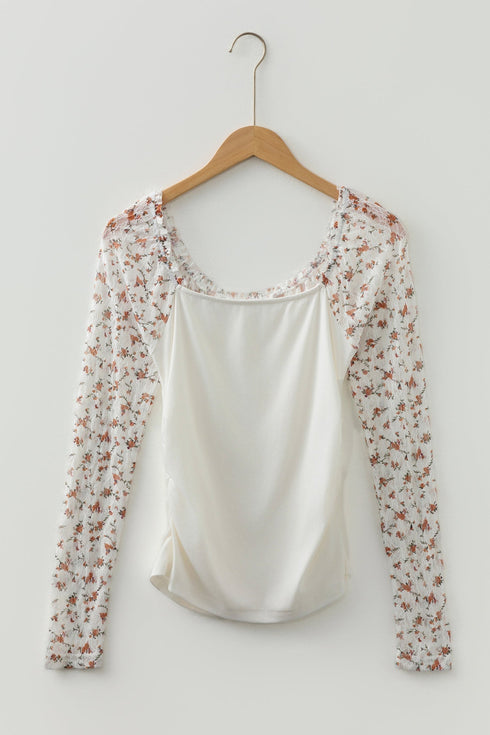 Floral Lace Sleeve Square Neck Mixed Media Top