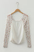 Floral Lace Sleeve Square Neck Mixed Media Top