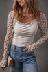 Floral Lace Sleeve Square Neck Mixed Media Top