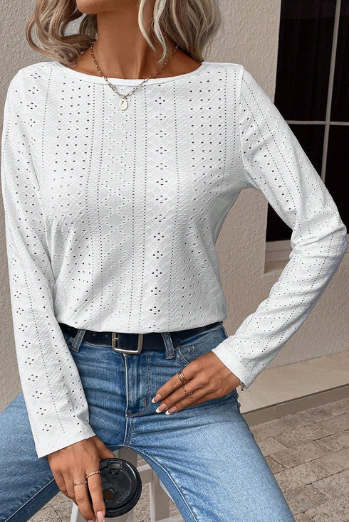 Floral Lace Splicing Eyelet Long Sleeve Top