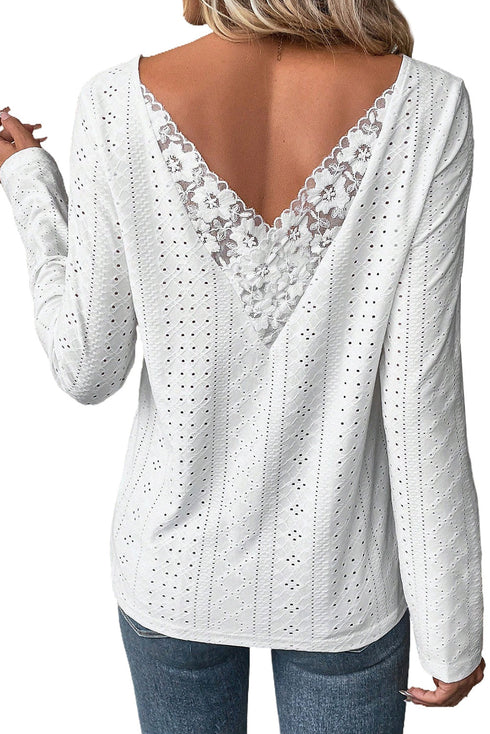 Floral Lace Splicing Eyelet Long Sleeve Top