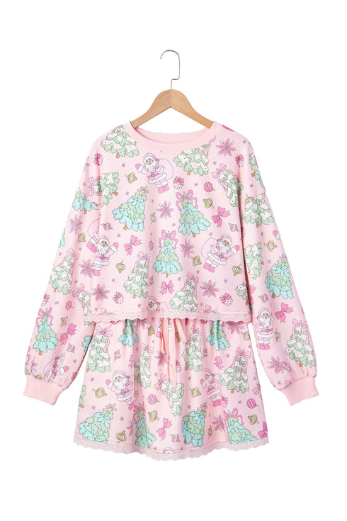 Floral Lace Trim Long Sleeve Coordinated Two Piece Skirt Set