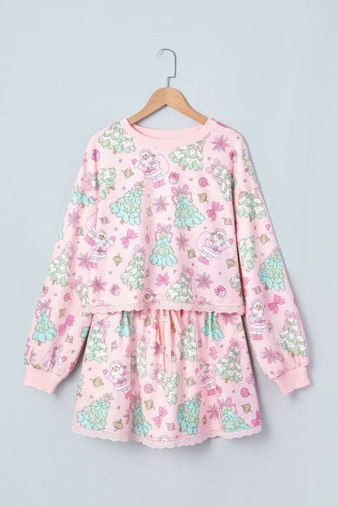 Floral Lace Trim Long Sleeve Coordinated Two Piece Skirt Set