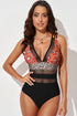 Floral Leopard Splicing Color Block Mesh One Piece Swimsuit